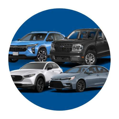 Round dark blue graphic with photos of four cars